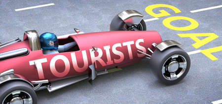 Tourists helps reaching goals, pictured as a race car with a phrase Tourists on a track as a metaphor of Tourists playing vital role in achieving success, 3d illustrationの写真素材