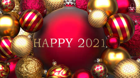 Happy 2021 and Xmas, pictured as red and golden, luxury Christmas ornament balls with word Happy 2021 to show the relation and significance of Happy 2021 during Christmas Holidays, 3d illustrationの写真素材