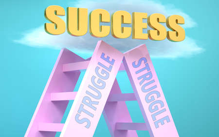 Struggle ladder that leads to success high in the sky, to symbolize that Struggle is a very important factor in reaching success in life and business., 3d illustrationの写真素材