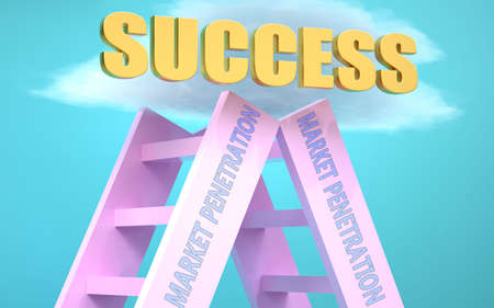 Market penetration ladder that leads to success high in the sky, to symbolize that Market penetration is a very important factor in reaching success in life and business., 3d illustrationの写真素材
