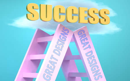 Great designs ladder that leads to success high in the sky, to symbolize that Great designs is a very important factor in reaching success in life and business., 3d illustrationの写真素材