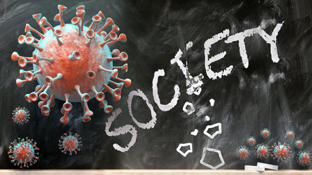 Covid and society - covid-19 viruses breaking and destroying society written on a school blackboard, 3d illustrationの写真素材