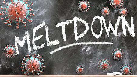 Meltdown and covid virus - pandemic turmoil and Meltdown pictured as corona viruses attacking a school blackboard with a written word Meltdown, 3d illustrationの写真素材