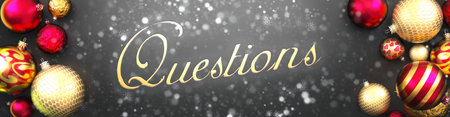 Questions and Christmas,fancy black background card with Christmas ornament balls, snow and an elegant word Questions, 3d illustrationの写真素材