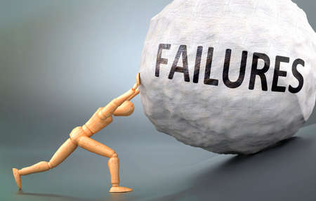 Failures and painful human condition, pictured as a wooden human figure pushing heavy weight to show how hard it can be to deal with Failures in human life, 3d illustrationの写真素材