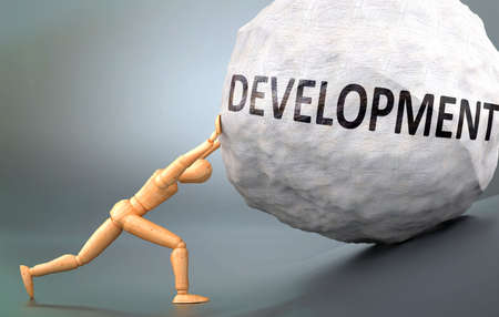 Development and painful human condition, pictured as a wooden human figure pushing heavy weight to show how hard it can be to deal with Development in human life, 3d illustrationの写真素材