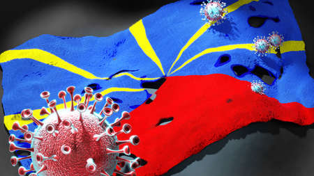 Covid in Reunion - coronavirus attacking a national flag of Reunion as a symbol of a fight and struggle with the virus pandemic in this country, 3d illustrationの写真素材
