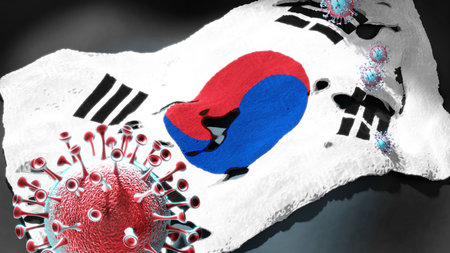 Covid in Korea (the Republic of) - coronavirus attacking a national flag of Korea (the Republic of) as a symbol of a fight and struggle with the virus pandemic in this country, 3d illustrationの写真素材