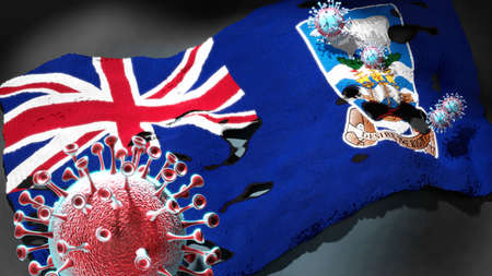Islands [Malvinas] virus attacking a national flag of Falkland Islands [Malvinas] as a symbol of a fight and struggle with the virus pandemic in this country, 3d illustrationの写真素材