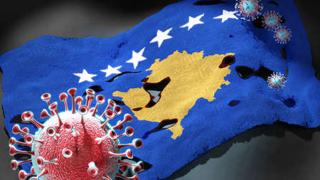 virus attacking a national flag of Kosovo as a symbol of a fight and struggle with the virus pandemic in this country, 3d illustrationの写真素材