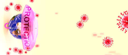 virus attacking Earth that is protected by an umbrella with English word protection as a symbol of a human fight with coronavirus pandemic, 3d illustrationの写真素材