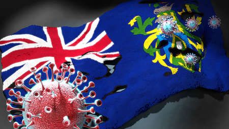 virus attacking a national flag of Pitcairn as a symbol of a fight and struggle with the virus pandemic in this country, 3d illustrationの写真素材