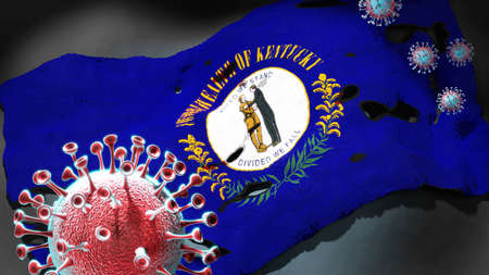 virus attacking a state flag of Kentucky as a symbol of a fight and struggle with the virus pandemic in this state, 3d illustrationの写真素材