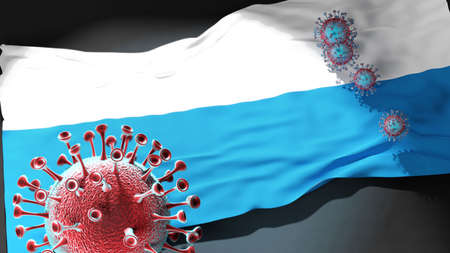 Covid in Canton of Lucerne - coronavirus attacking a city flag of Canton of Lucerne as a symbol of a fight and struggle with the virus pandemic in this city, 3d illustrationの写真素材