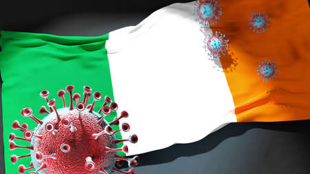 Covid in Chulucanas - coronavirus attacking a city flag of Chulucanas as a symbol of a fight and struggle with the virus pandemic in this city, 3d illustrationの写真素材