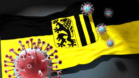 Covid in Dresden - coronavirus attacking a city flag of Dresden as a symbol of a fight and struggle with the virus pandemic in this city, 3d illustrationの写真素材