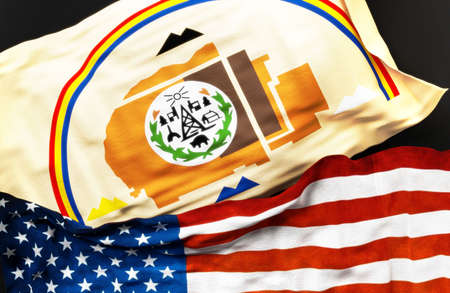 Flag of Navajo along with a flag of the United States of America as a symbol of unity between them, 3d illustrationの写真素材