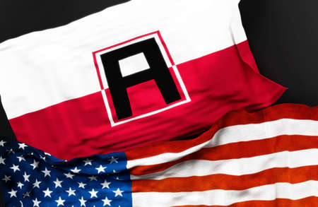 Flag of the First United States Army along with a flag of the United States of America as a symbol of unity between them, 3d illustrationの写真素材