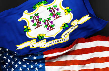 Flag of Connecticut along with a flag of the United States of America as a symbol of unity between them, 3d illustrationの写真素材