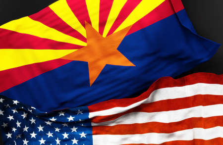 Flag of Arizona along with a flag of the United States of America as a symbol of unity between them, 3d illustrationの写真素材