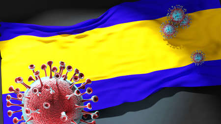 Covid in Debrecen - coronavirus attacking a city flag of Debrecen as a symbol of a fight and struggle with the virus pandemic in this city, 3d illustrationの写真素材