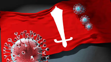 Covid in Kathmandu - coronavirus attacking a city flag of Kathmandu as a symbol of a fight and struggle with the virus pandemic in this city, 3d illustrationの写真素材