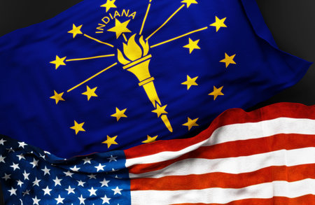 Flag of Indiana along with a flag of the United States of America as a symbol of unity between them, 3d illustrationの写真素材
