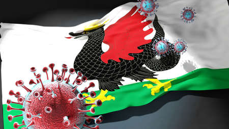 Covid in Kazan Tatarstan - coronavirus attacking a city flag of Kazan Tatarstan as a symbol of a fight and struggle with the virus pandemic in this city, 3d illustrationの写真素材