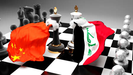 China Iraq crisis, clash, conflict and debate between those two countries that aims at a trade deal or dominance symbolized by a chess game with national flags, 3d illustrationの写真素材