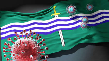 Covid in Peterborough Ontario - coronavirus attacking a city flag of Peterborough Ontario as a symbol of a fight and struggle with the virus pandemic in this city, 3d illustrationの写真素材