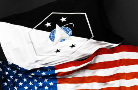 Flag of the Senior Enlisted Advisor of the Space Force along with a flag of the United States of America as a symbol of a connection between them, 3d illustrationの写真素材