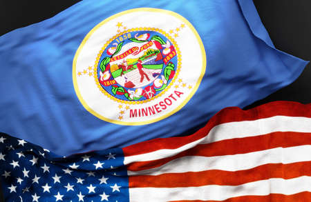 Flag of Minnesota along with a flag of the United States of America as a symbol of unity between them, 3d illustrationの写真素材
