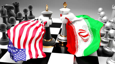 USA Iran crisis, clash, conflict and debate between those two countries that aims at a trade deal or dominance symbolized by a chess game with national flags, 3d illustrationの写真素材