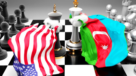 USA Azerbaijan crisis, clash, conflict and debate between those two countries that aims at a trade deal or dominance symbolized by a chess game with national flags, 3d illustrationの写真素材