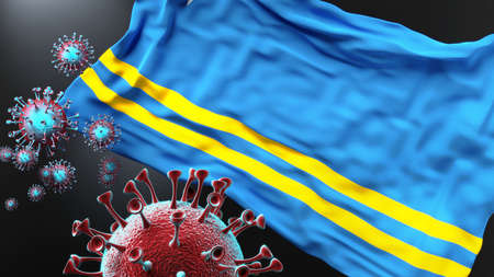 Aruba and the covid pandemic - corona virus attacking national flag of Aruba to symbolize the fight, struggle and the virus presence in this country, 3d illustrationの写真素材