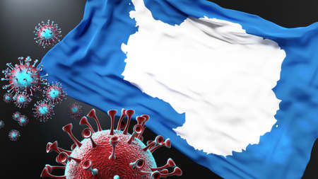 Antarctica and the covid pandemic - corona virus attacking national flag of Antarctica to symbolize the fight, struggle and the virus presence in this country, 3d illustrationの写真素材