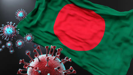 Bangladesh and the covid pandemic - corona virus attacking national flag of Bangladesh to symbolize the fight, struggle and the virus presence in this country, 3d illustrationの写真素材