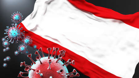Antwerp and covid pandemic - virus attacking a city flag of Antwerp as a symbol of a fight and struggle with the virus pandemic in this city, 3d illustrationの写真素材