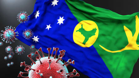 Christmas Island and the covid pandemic - corona virus attacking national flag of Christmas Island to symbolize the fight, struggle and the virus presence in this country, 3d illustrationの写真素材