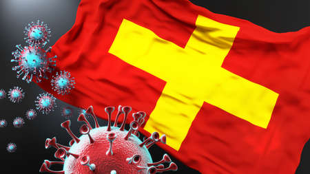 Ancona and covid pandemic - virus attacking a city flag of Ancona as a symbol of a fight and struggle with the virus pandemic in this city, 3d illustrationの写真素材