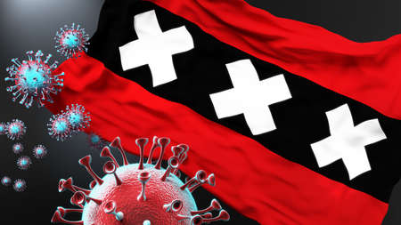Amsterdam and covid pandemic - virus attacking a city flag of Amsterdam as a symbol of a fight and struggle with the virus pandemic in this city, 3d illustrationの写真素材