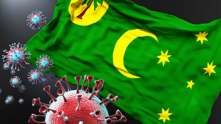 Cocos Keeling Islands and the covid pandemic - corona virus attacking national flag of Cocos Keeling Islands to symbolize the fight, struggle and the virus presence in this country, 3d illustrationの写真素材