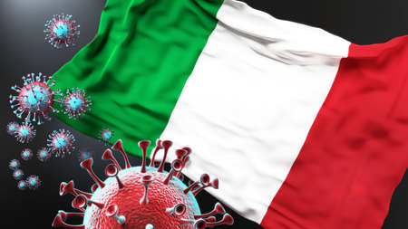 Italy and the covid pandemic - corona virus attacking national flag of Italy to symbolize the fight, struggle and the virus presence in this country, 3d illustrationの写真素材