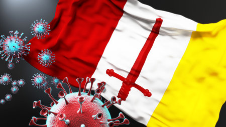 Aalst Oost Vlaanderen and covid pandemic - virus attacking a city flag of Aalst Oost Vlaanderen as a symbol of a fight and struggle with the virus pandemic in this city, 3d illustrationの写真素材