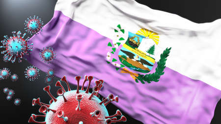 Abancay and covid pandemic - virus attacking a city flag of Abancay as a symbol of a fight and struggle with the virus pandemic in this city, 3d illustrationの写真素材