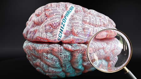 Schizophrenia in human brain, a concept showing hundreds of crucial words related to Schizophrenia projected onto a cortex to fully demonstrate broad extent of this condition, 3d illustrationの写真素材