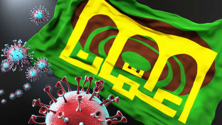 Amman Jordan and covid pandemic - virus attacking a city flag of Amman Jordan as a symbol of a fight and struggle with the virus pandemic in this city, 3d illustrationの写真素材