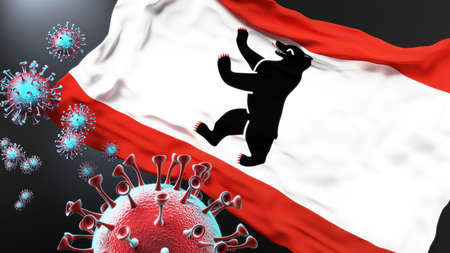 Berlin and covid pandemic - virus attacking a city flag of Berlin as a symbol of a fight and struggle with the virus pandemic in this city, 3d illustrationの写真素材