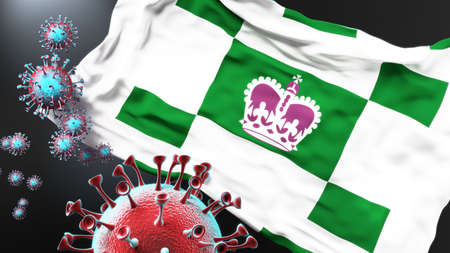 Charlottetown and covid pandemic - virus attacking a city flag of Charlottetown as a symbol of a fight and struggle with the virus pandemic in this city, 3d illustrationの写真素材