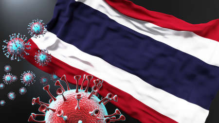 Thailand and the covid pandemic - corona virus attacking national flag of Thailand to symbolize the fight, struggle and the virus presence in this country, 3d illustrationの写真素材